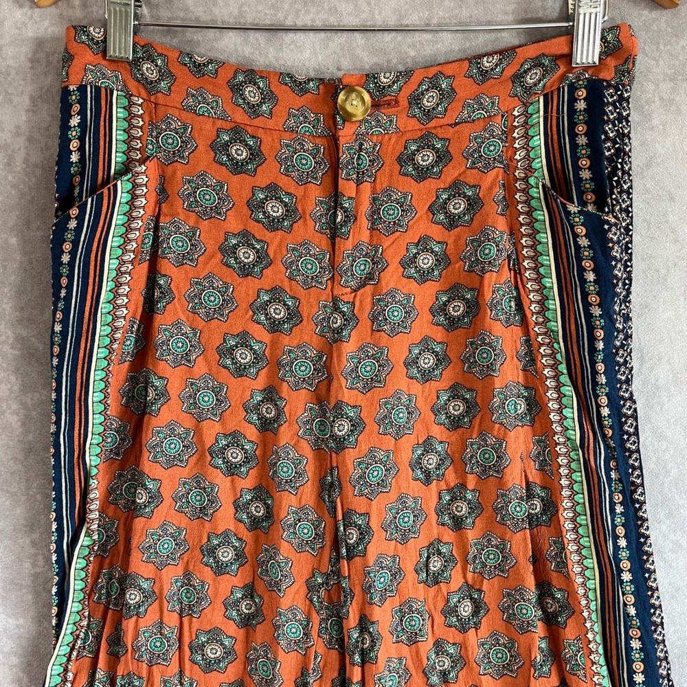 Elevenses Anthropologie Wide Leg Pants Womens 4 Orange Boho Tile Print Culottes - Picture 2 of 11